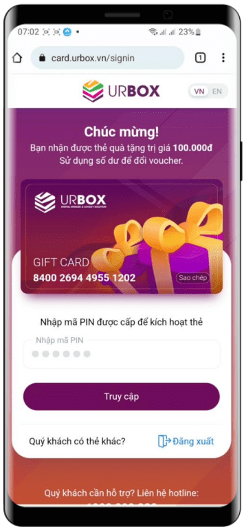 Nhập mã Pin tại link quà tặng